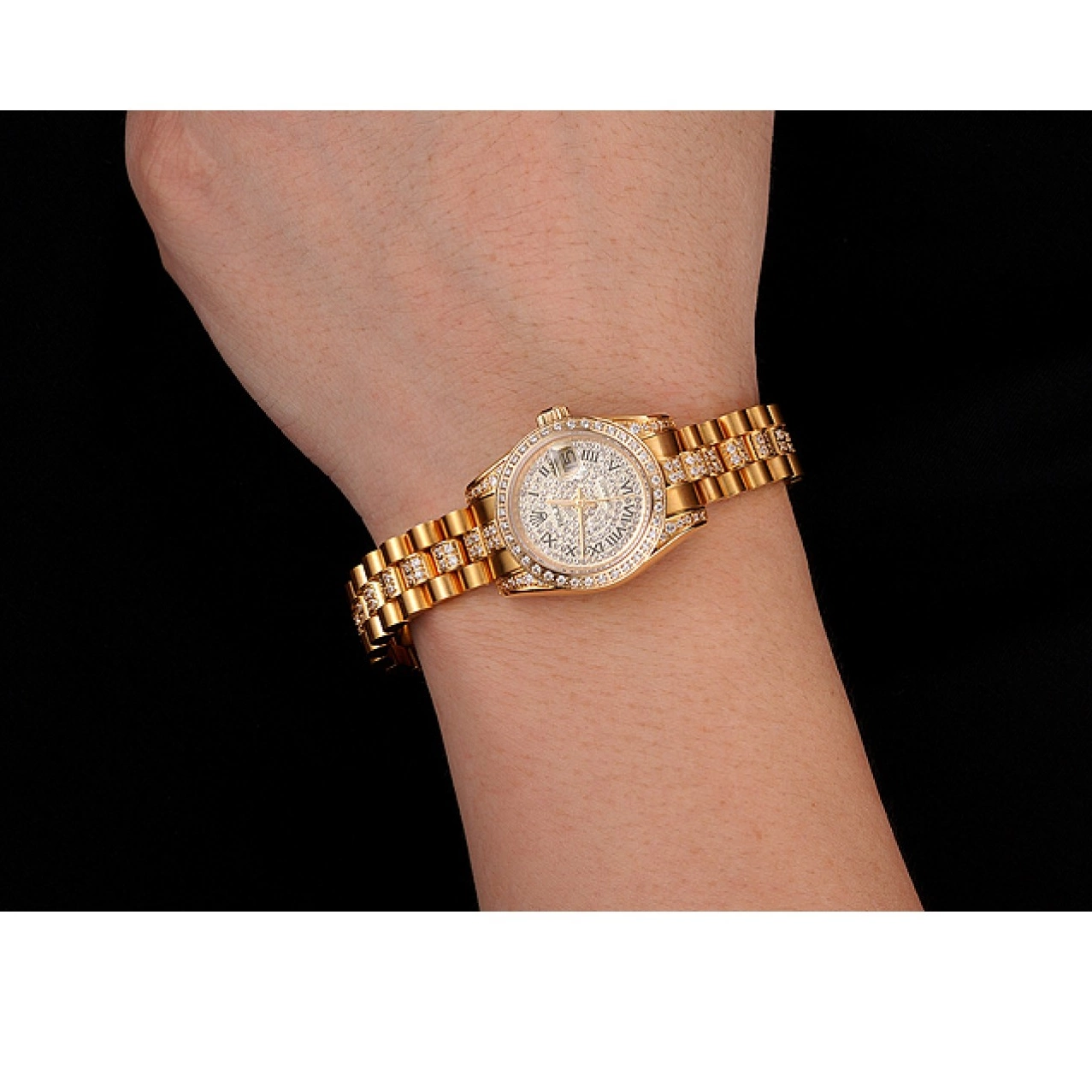 Rolex aaa copy Diamond 1453955 Diamond Bracelet Swiss DayJust Gold Pave Rolex Dial 0605